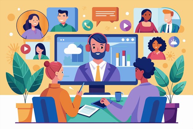 a cartoon of people in a meeting with a man in a suit and the other people in the background