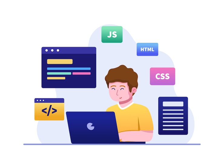 Vector a children learning coding or computer programming flat illustration coding for kids basic compute