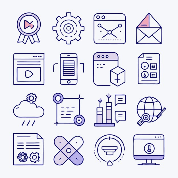 A collection of 16 digital icons representing various digital concepts including cloud computing development programming data UIUX networking and more