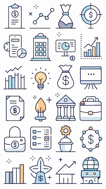 a collection of business icons including a bank of financial services