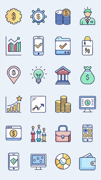 a collection of business icons including a financial report