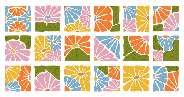 A collection of colorful abstract floral patterns in square frames handdrawn botanical elements in