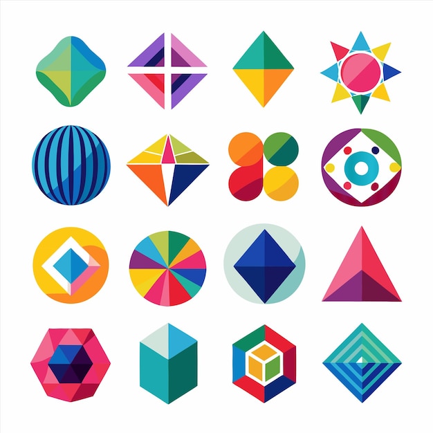 a collection of colorful geometric designs including one that says  the word