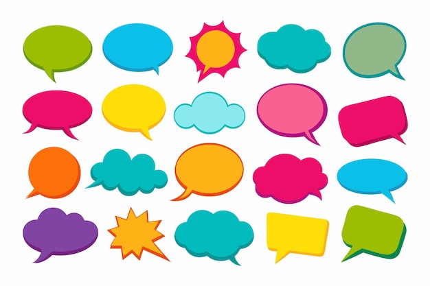 a collection of colorful speech bubbles including one with the word sun on the bottom