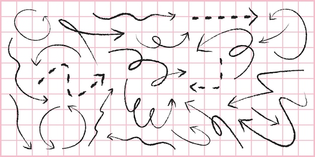 a collection of handdrawn arrows on a grid background arrows in various styles including curved zigzag and dashed perfect for creative design projects element vector set