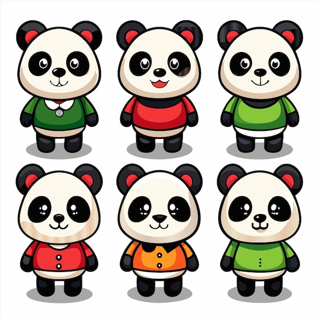 a collection of pandas with different outfits on them