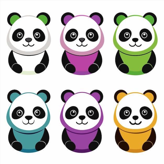 a collection of pictures of pandas one of which has a purple green yellow and purple sweater