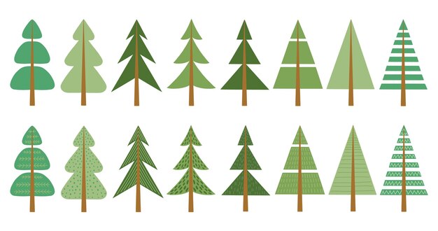 A collection of simple flat Christmas trees from different shapes and patterns