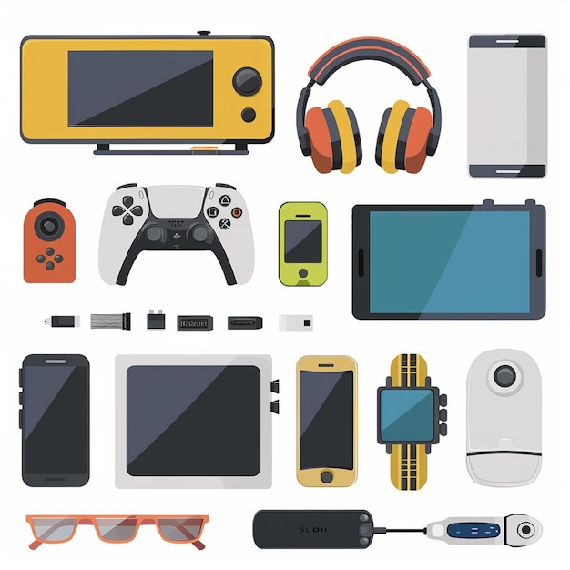 a collection of video game controllers and a white background