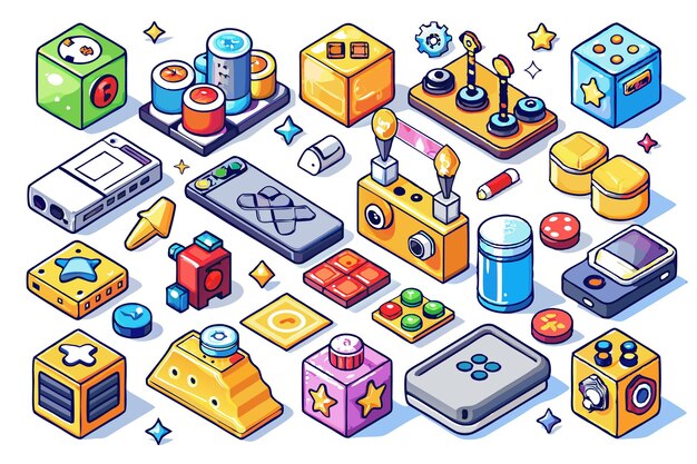 A colorful collection of isometric objects with various shapes and functions including blocks buttons devices and other gadgets