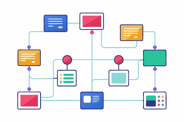 A colorful data flowchart displays various interconnected components and steps in a process Data flowcharts simple illustrations