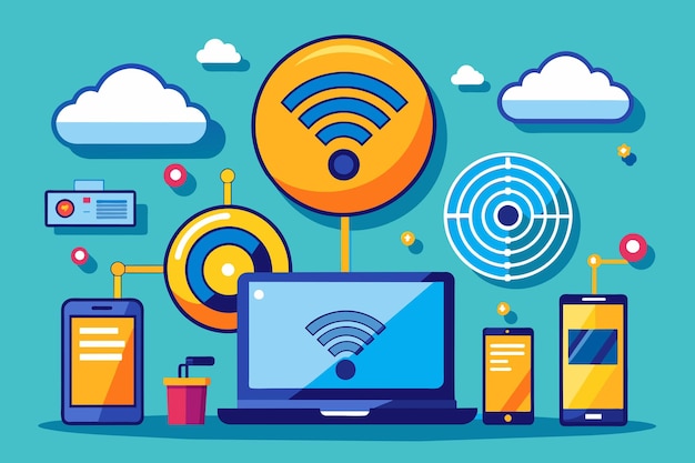 a colorful drawing of a laptop with a wicker basket on the top