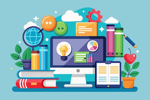 a colorful illustration of a desk with a computer books pens and other learning supplies suggesting a vibrant learning environment