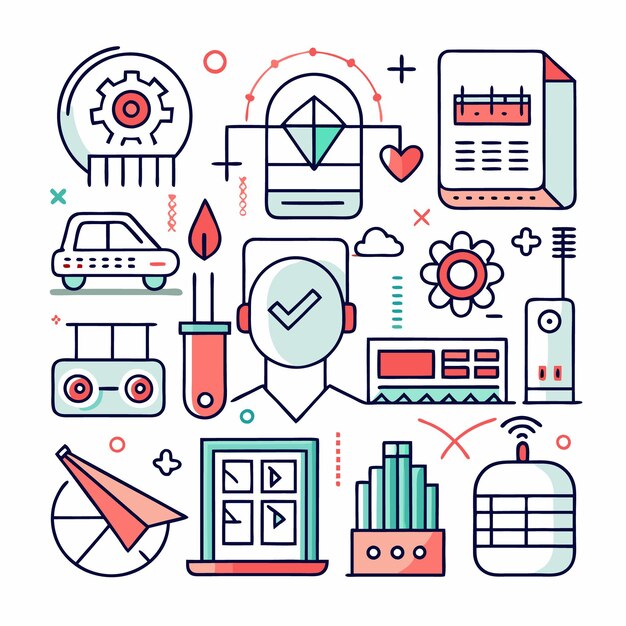 a colorful illustration of various icons related to technology development and innovation