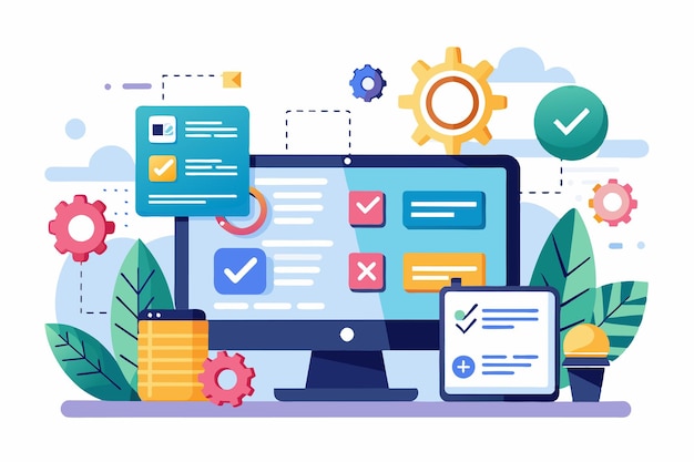 A colorful illustration showcases customizable software code testing with a computer and design elements Software code testing Customizable Semi Flat Illustration