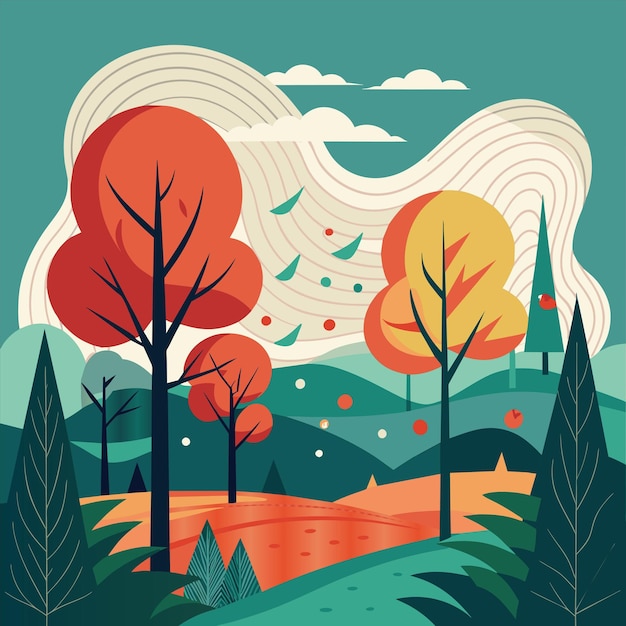 a colorful picture of trees and a forest with a red and yellow sky