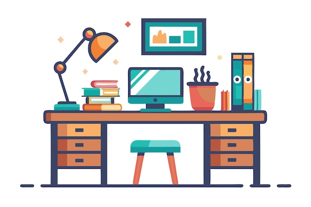 a computer desk with a computer and a picture of a computer on it