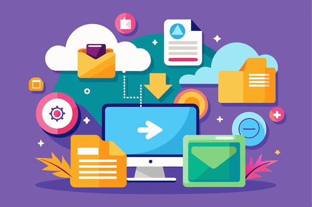 A computer displays icons and elements related to file management cloud storage and data organization uploaded files