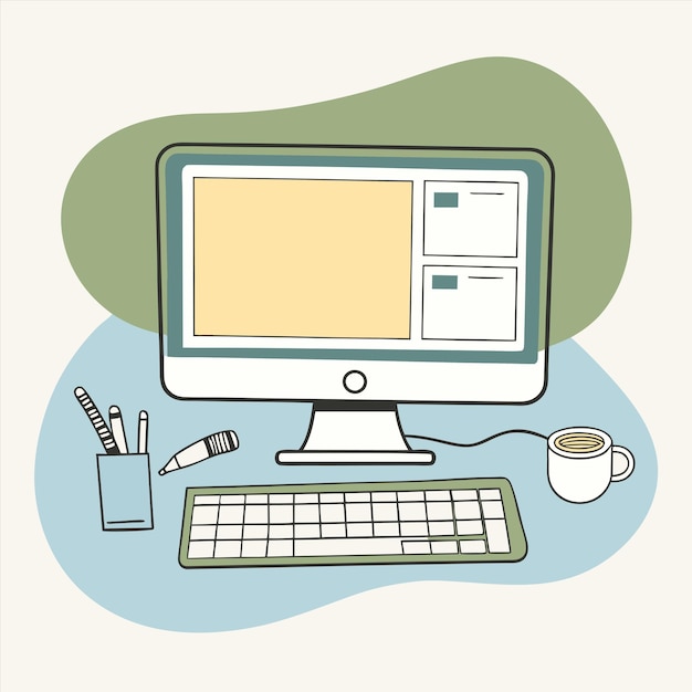 a computer monitor with a green background and a blue background with a picture of a cup of coffee
