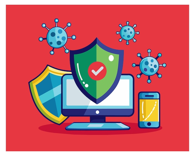 a computer monitor with a green shield and a red background with a red background