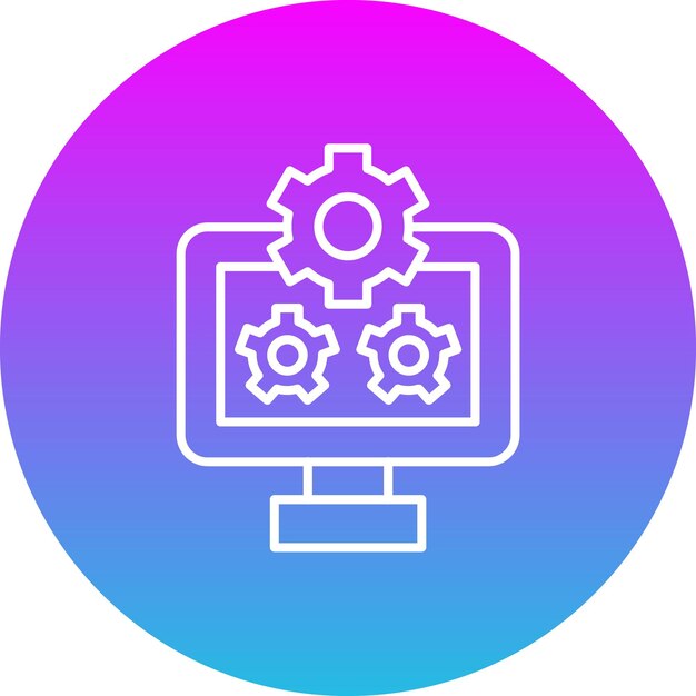 a computer monitor with gears and a blue and pink background