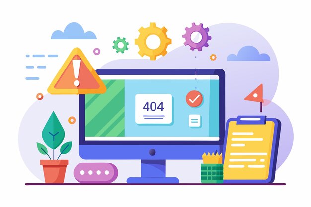 a computer screen shows a 404 error with warning symbols while a clipboard and plants are nearby problem software error 404 not found