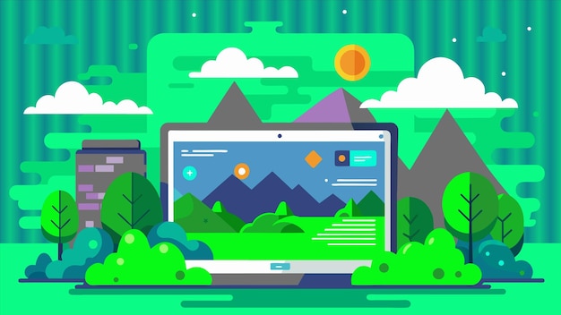 a computer screen with a mountain in the background