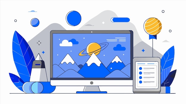 a computer screen with a picture of a planet and mountains