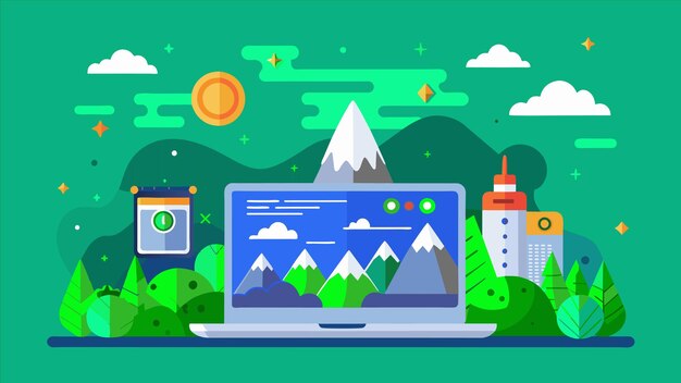 a computer screen with mountains and a mountain in the background
