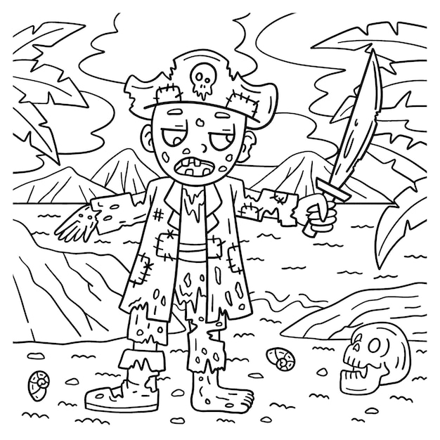 A cute and funny coloring page of a Pirate Zombie Provides hours of coloring fun for children To color this page is very easy Suitable for little kids and toddlers