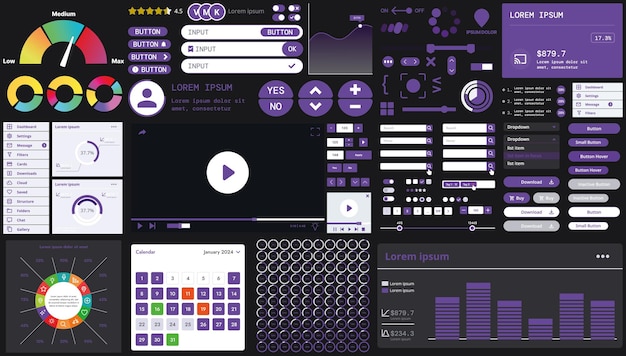 A dark set of interface elements for web and mobile applications with modern icons buttons and graphs ideal for business analytics finance and data management