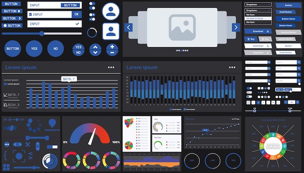 a dark set of interface elements for web and mobile applications with modern icons buttons and graphs ideal for business analytics finance and data management