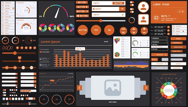 A dark set of interface elements for web and mobile applications with modern icons buttons and graphs ideal for business analytics finance and data management