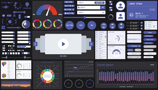 A dark set of interface elements for web and mobile applications with modern icons buttons and graphs ideal for business analytics finance and data management