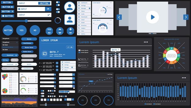 A dark set of interface elements for web and mobile applications with modern icons buttons and graphs ideal for business analytics finance and data management