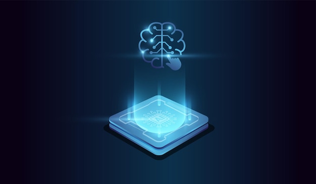 A digital brain form composed of lines triangles binary digits and dots High tech style