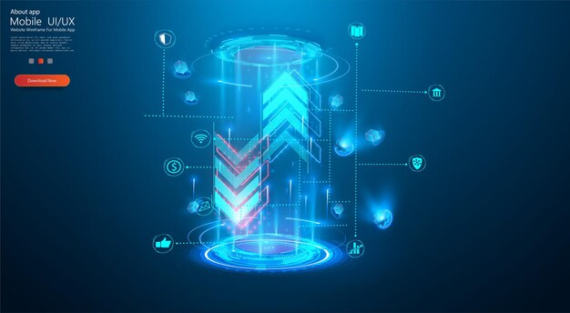 A digital display showcases mobile app UI and UX elements featuring rising arrows data icons and interactive graphics It emphasizes innovation in mobile design and technology