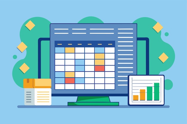 A digital setup showcases customizable spreadsheets on a computer and tablet for effective data management Spreadsheets Customizable Disproportionate Illustration