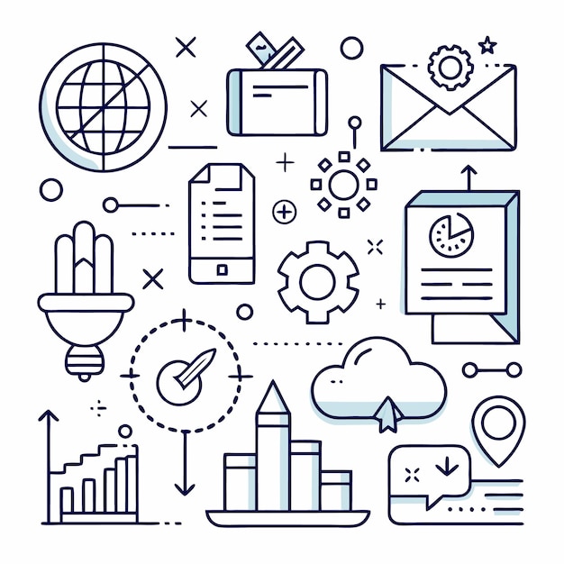 A doodle illustration of various business icons including a globe light bulb envelope gear clock cloud and bar graph