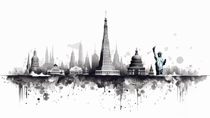 Vector a drawing of a city with a statue and a statue of liberty in the background