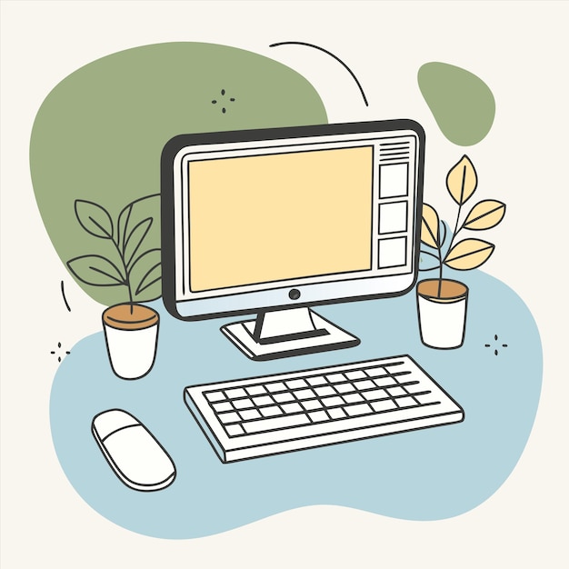 a drawing of a computer with a picture of a plant and a mouse