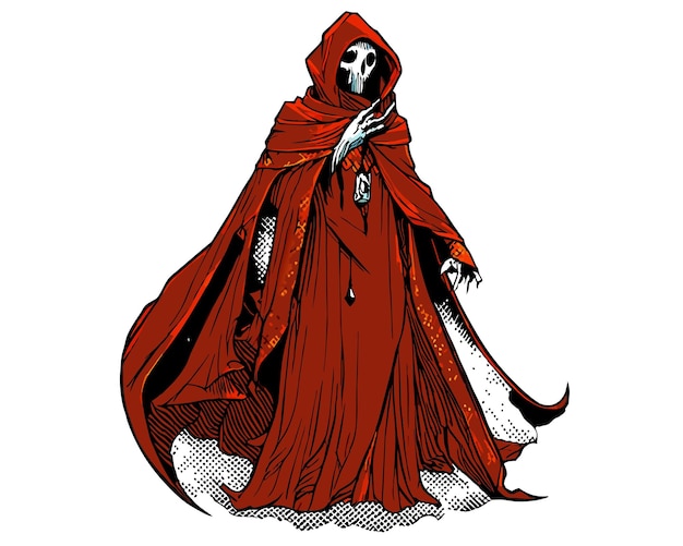a drawing of a man with a red cloak and a white skull