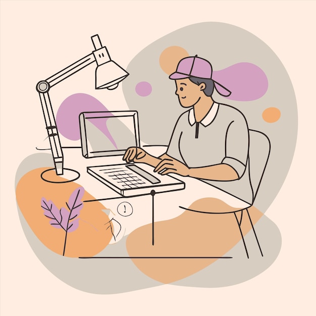 a drawing of a woman working on a laptop with a lamp above her head