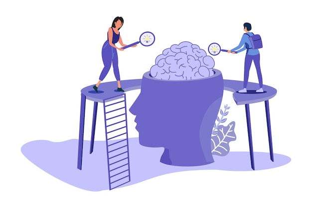 A drawing of people working with a woman and a sign that says brain