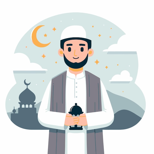 a flat design style of a man in ramadan month