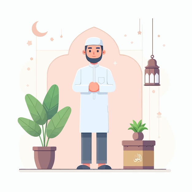 a flat design style of a man in ramadan month