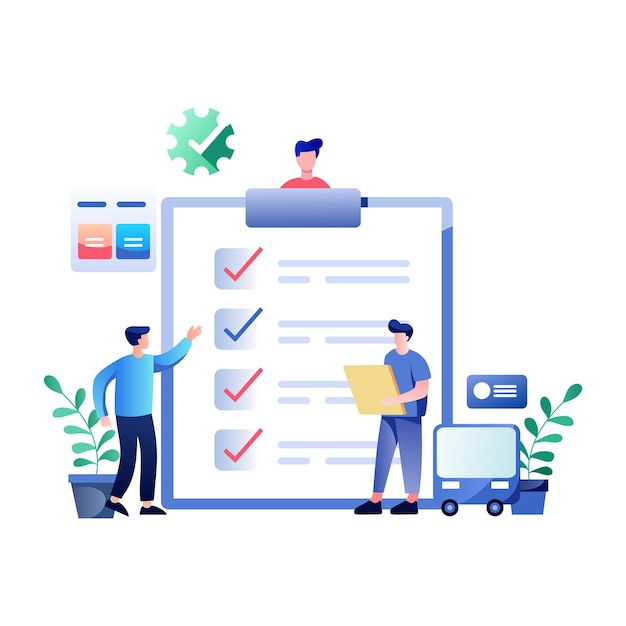 A flat illustration of two men mark the checklist