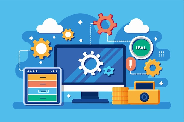 A flat illustration shows a computer gears and design elements for a customizable operating system upgrade Operating system upgrade Customizable Flat Illustration