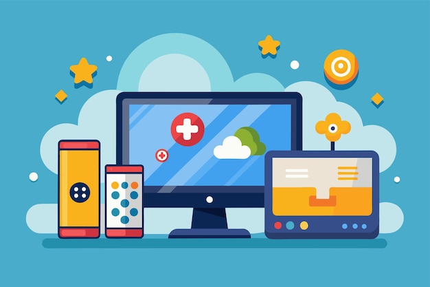 A flat screen monitor rests on top of a desk Install games on computers and tablets Simple and minimalist flat Vector Illustration