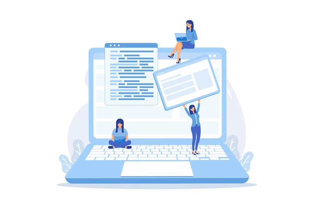 a girl makes a post on big laptop. bloger is shareing information in weblog, online journal